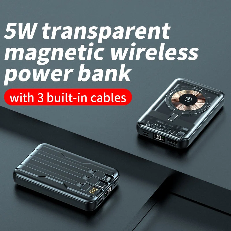 Wholesale 2023 New Arrivals Hot Selling Product Mini Transparent Magnetic Wireless Power Bank 10000mAh with Built-in Cables